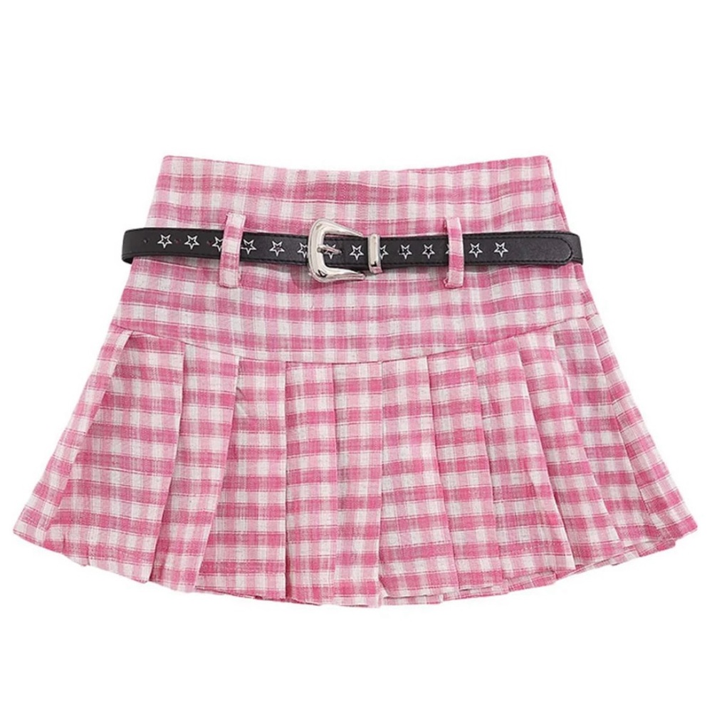 Stylish Pink Checkered Mini Skirt with Belt